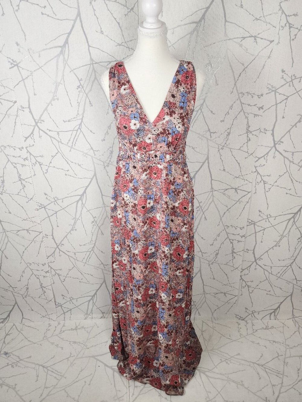 Japna Red Colorful Floral Print V-Neck Racerback Maxi Dress
